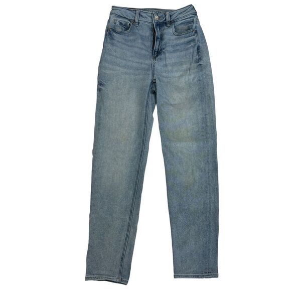 American Eagle Blue MOM STRAIGHT JEAN Denim Stretch Blue Sz 000 Reg Stretch - Picture 1 of 11